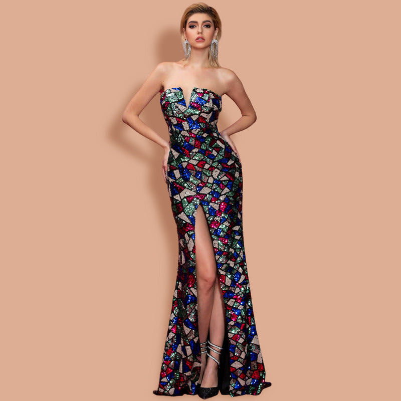 Gypsy Style Dresses Geometric Tube Top Irregular Slit Sequined Banquet Mop