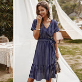 Kendall Jenner Wedding Guest Dress V-neck Sexy Temperament Stripes
