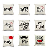 Valentine's Day Pillow Covers 4 Pieces Random Styles Together, Linen Couple's Series Pillow Cover Mrmrs Letter Cotton Linen Sofa Cushion Cover