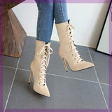 Nude Strappy Heels Pointed Toe Suede  Women's Leather Boots Fashion Boots