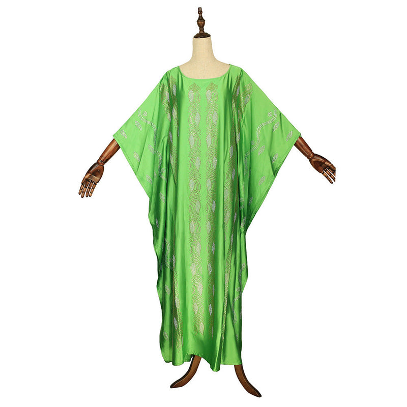 African Women's Wear Costume Silk Satin Crew Neck Wide Batwing Sleeve Robe African Dashiki Ankara Styles Dress