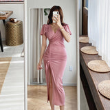 MIDI Mauve Wrap Dress Summer Women's High Waist Slim Fit Pleating Midi Dress