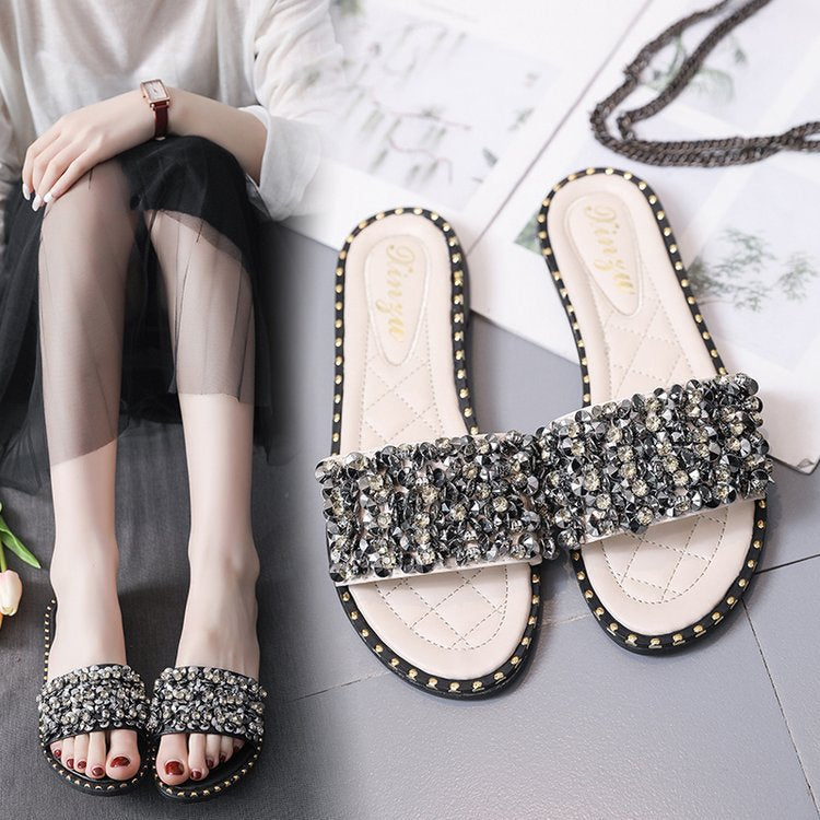 Women Open Toe Sandals Flats Summer Fashionable Sequins Flat Heel Sandals