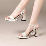 Nude Block Heels Summer Sandals High Heel Chunky Heel Mid Heel Square Toe Roman Shoes