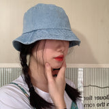 Denim Bucket Hat Fishing Cap Cotton Print Fisherman Hat Retro Solid Color Summer Outdoor Sun Hat