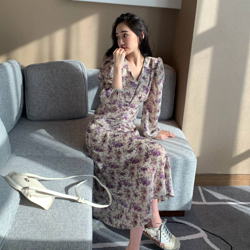 MIDI Mauve Wrap Dress Women's Autumn Purple Printed Long Dress