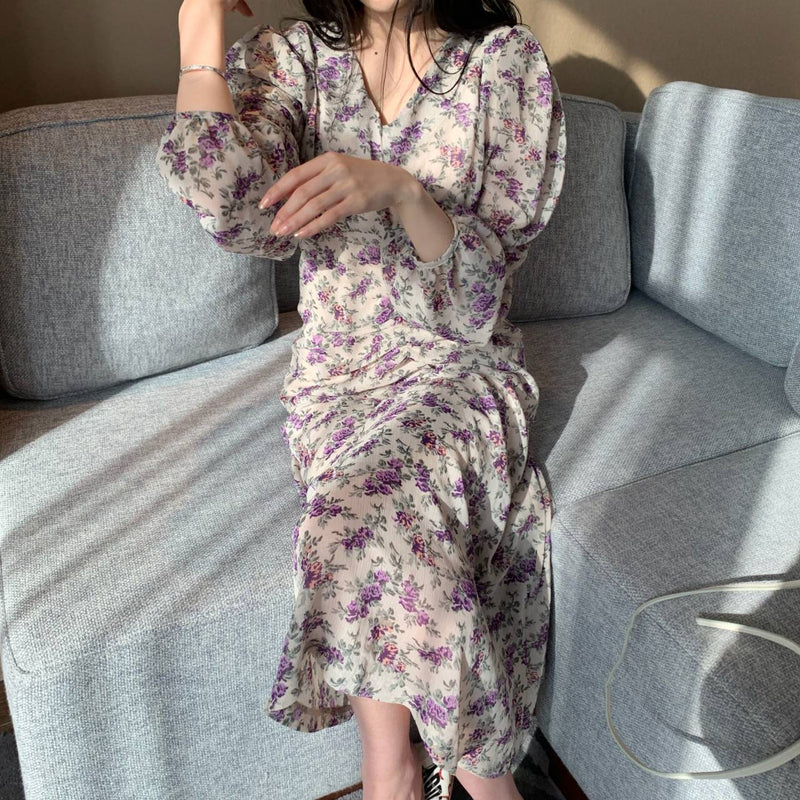 MIDI Mauve Wrap Dress Women's Autumn Purple Printed Long Dress