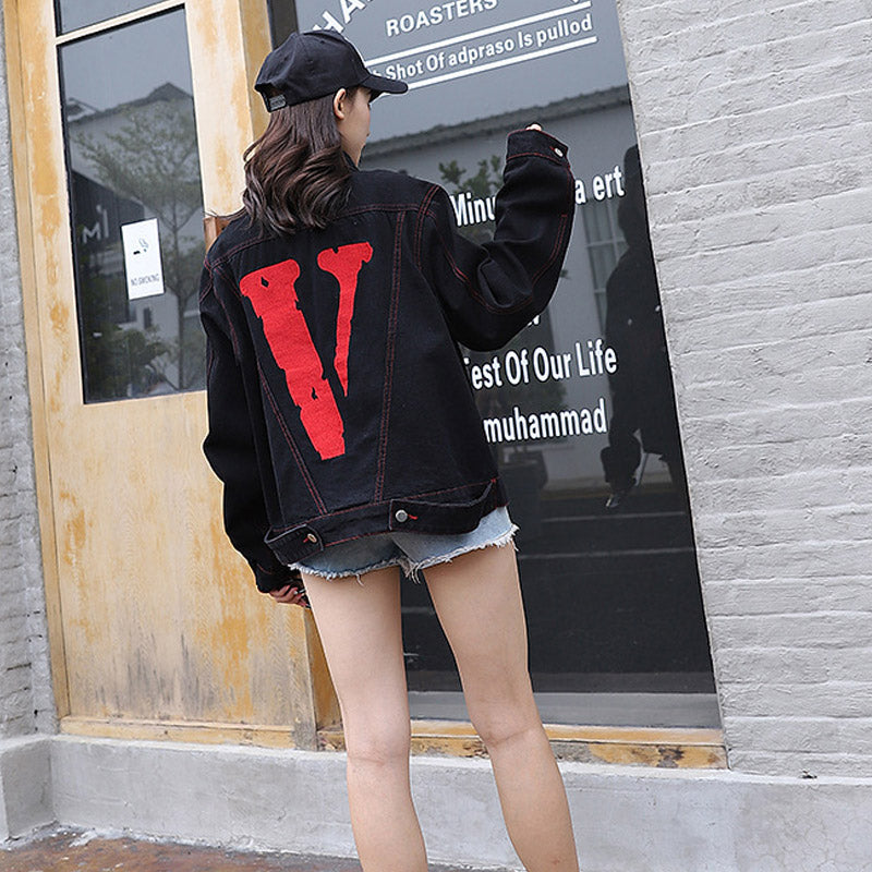 Vlone Jean Jacket Autumn Loose Short Black Long Sleeve Embroidered Jacket