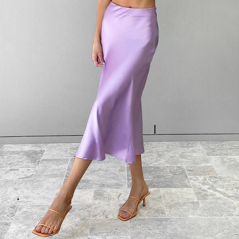 MIDI Mauve Skirt Spring and Summer Satin Purple Mid-Length High Waist Sheath A- line Skirt