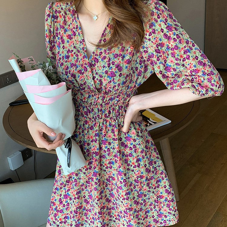MIDI Mauve Wrap Dress V-neck Mid-Length Floral Chiffon Dress Women's A- line Dress