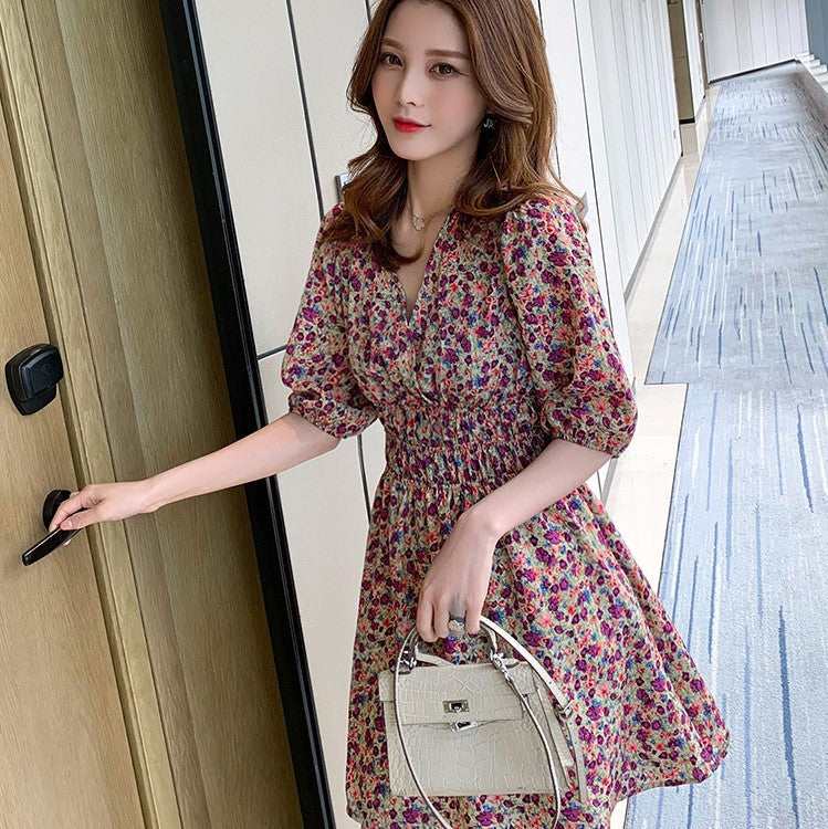 MIDI Mauve Wrap Dress V-neck Mid-Length Floral Chiffon Dress Women's A- line Dress