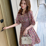 MIDI Mauve Wrap Dress V-neck Mid-Length Floral Chiffon Dress Women's A- line Dress