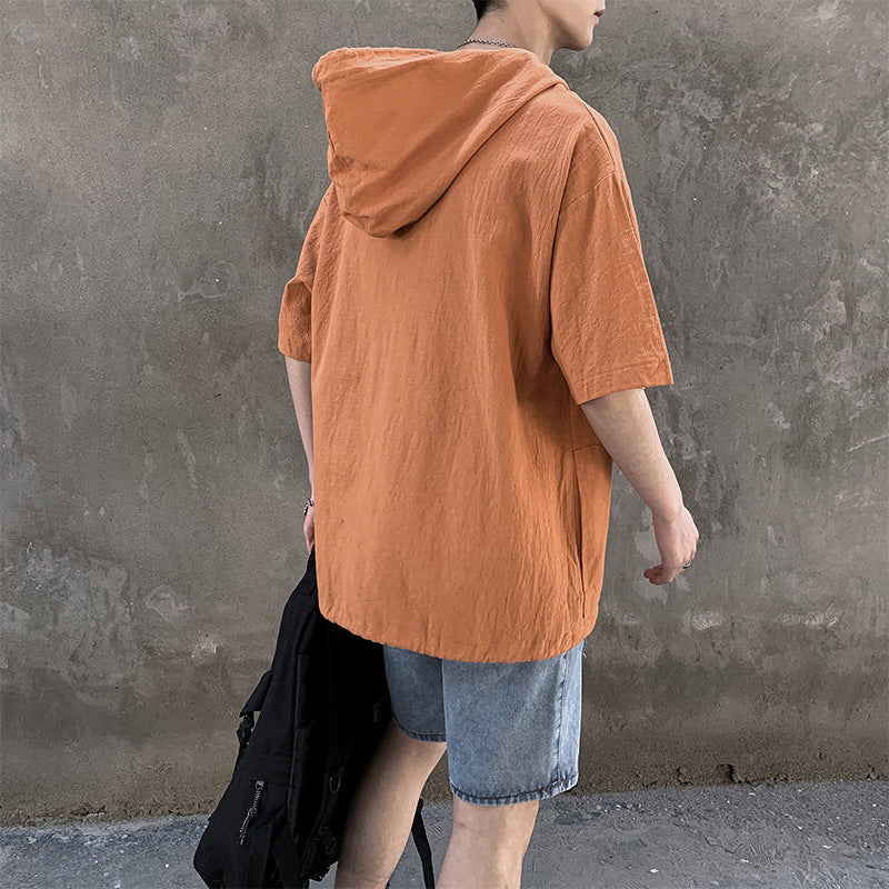 Men T-Shirts Solid Color Shirt Loose Hooded Pullover