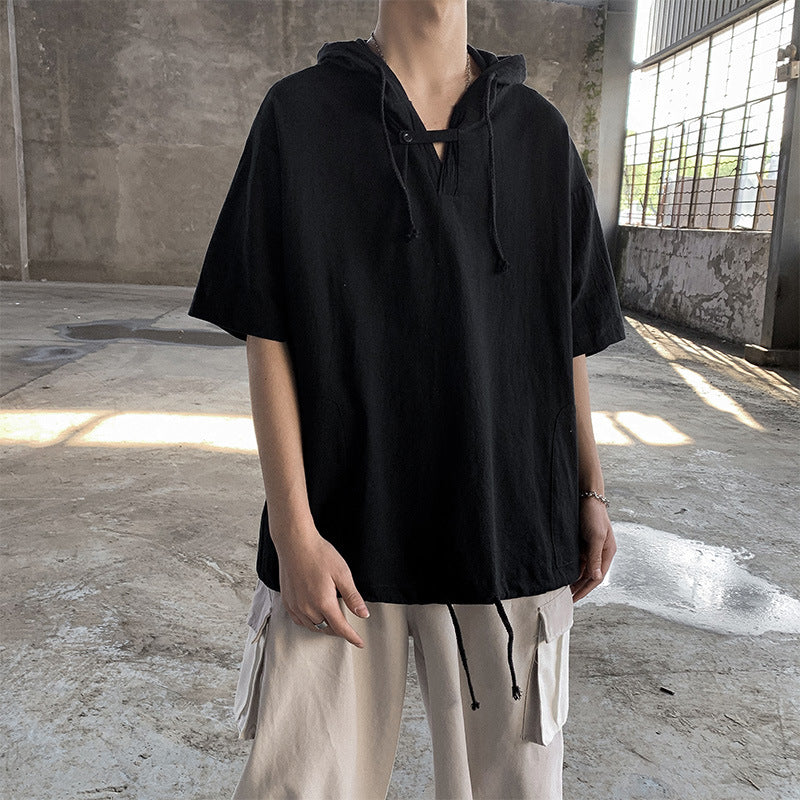 Men T-Shirts Solid Color Shirt Loose Hooded Pullover
