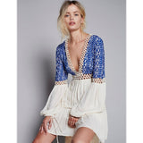 Beth Dutton Bohemian Dress Summer Spring Midi Dress Hollow out V-neck Embroidered High Waist Long Sleeve Dress