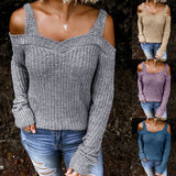 Women Pullover Knit Sweater Autumn Sexy Off-the-Shoulder Strap Sweater Solid Color Casual Long Sleeves Sweater