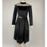 Blue Velvet Dress round Neck High Waist Grenadine Stitching Gold Velvet