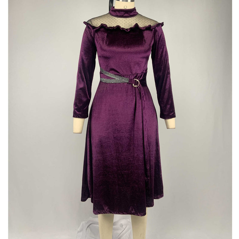 Blue Velvet Dress round Neck High Waist Grenadine Stitching Gold Velvet