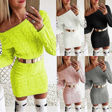 Women Pullover Knit Sweater Mid-Length Fluorescent Twist Off-the-Shoulder Fitted Waist Dress Sweater