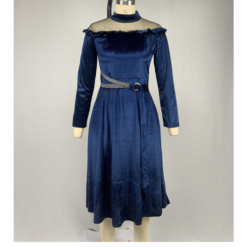 Blue Velvet Dress round Neck High Waist Grenadine Stitching Gold Velvet