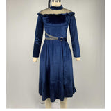 Blue Velvet Dress round Neck High Waist Grenadine Stitching Gold Velvet