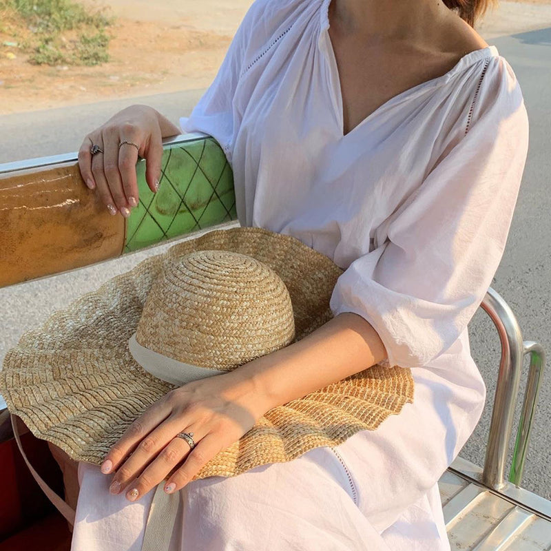 Straw Hat Spring/Summer Hat Women's All-Match Wavy Edge Wheat-Straw Hat Women's Casual