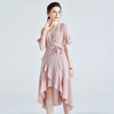 MIDI Mauve Wrap Dress Slim-Fit Slimming Solid Color Large Swing Skirt