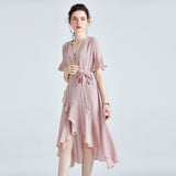 MIDI Mauve Wrap Dress Slim-Fit Slimming Solid Color Large Swing Skirt
