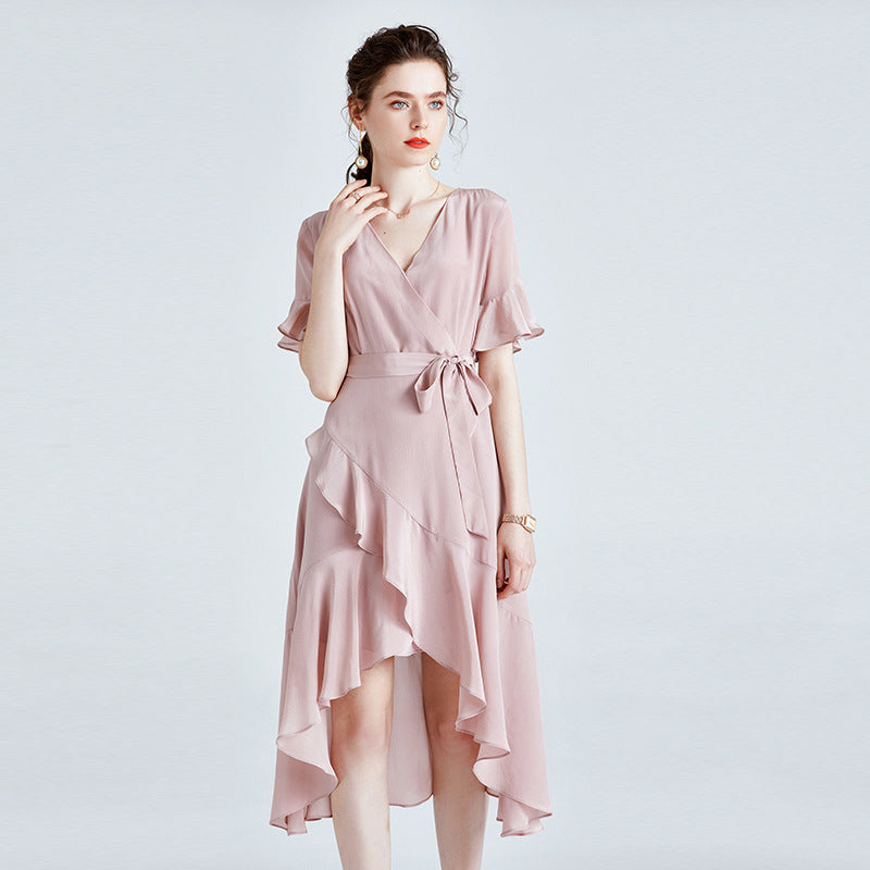 MIDI Mauve Wrap Dress Slim-Fit Slimming Solid Color Large Swing Skirt