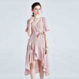 MIDI Mauve Wrap Dress Slim-Fit Slimming Solid Color Large Swing Skirt