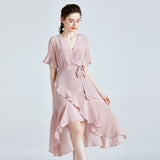 MIDI Mauve Wrap Dress Slim-Fit Slimming Solid Color Large Swing Skirt