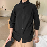 Men Shirts Three-Quarter Sleeve Shirt Stand Collar