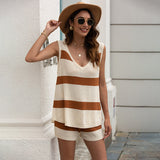 Women Pullover Knit Sweater Summer Beach Fashion Casual Striped Knitted Vest Drawstring Shorts Two-Piece Set