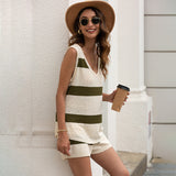 Women Pullover Knit Sweater Summer Beach Fashion Casual Striped Knitted Vest Drawstring Shorts Two-Piece Set