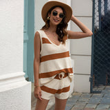 Women Pullover Knit Sweater Summer Beach Fashion Casual Striped Knitted Vest Drawstring Shorts Two-Piece Set