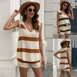 Women Pullover Knit Sweater Summer Beach Fashion Casual Striped Knitted Vest Drawstring Shorts Two-Piece Set