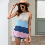 Women Pullover Knit Sweater Summer Casual Knitted Sexy Halter Mixed Color Stripe Vest