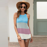Women Pullover Knit Sweater Summer Casual Knitted Sexy Halter Mixed Color Stripe Vest