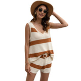Women Pullover Knit Sweater Summer Beach Fashion Casual Striped Knitted Vest Drawstring Shorts Two-Piece Set