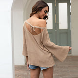 Women Pullover Knit Sweater Summer Back Hollow Out Sweater Women's Bow Lace-up Backless Sweater