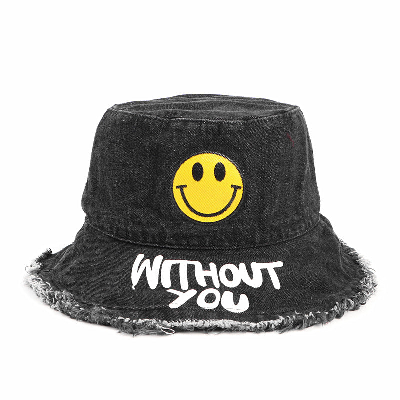 Denim Bucket Hat Fishing Cap Cotton Print Fisherman Hat Spring/Summer Denim Smiley Foldable Hat