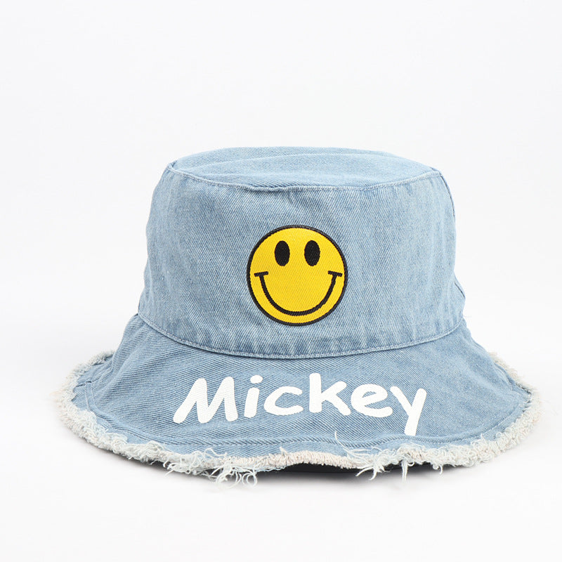 Denim Bucket Hat Fishing Cap Cotton Print Fisherman Hat Spring/Summer Denim Smiley Foldable Hat