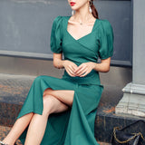 Emerald Green Dress Puff Sleeve Slimming Dress
