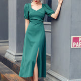 Emerald Green Dress Puff Sleeve Slimming Dress