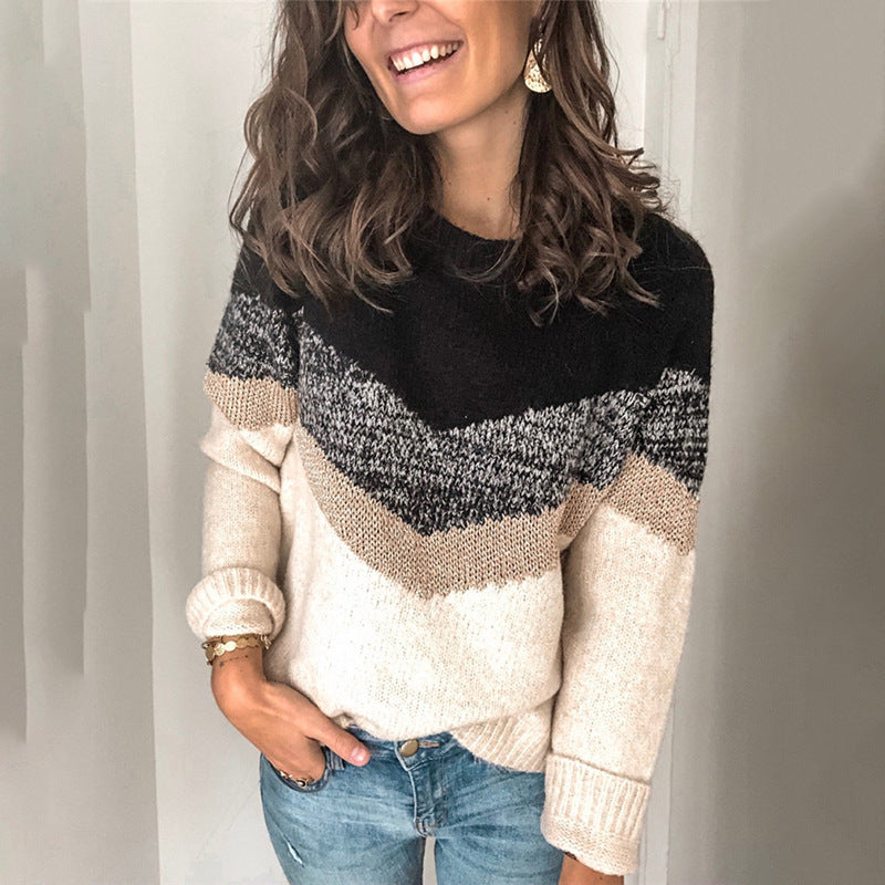Women Pullover Knit Sweater Autumn and Winter Stitching Pullover round Neck Sweater for Women