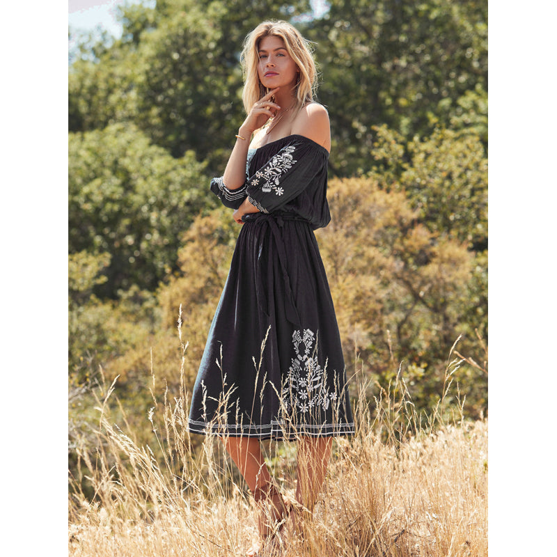 Beth Dutton Bohemian Dress Winter Autumn Maxi Dresses Embroidered off-Shoulder Dress