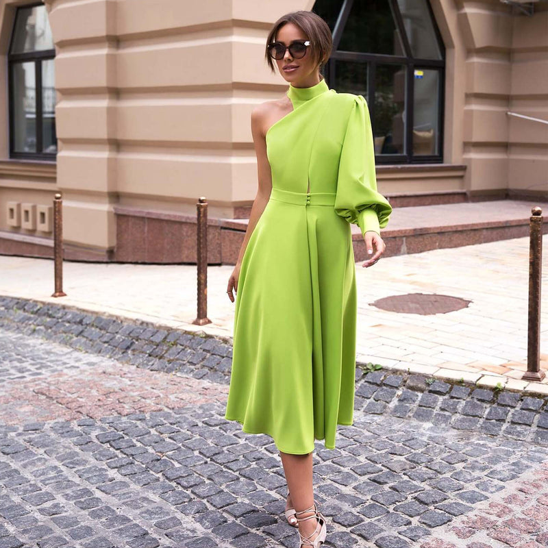 Lady Gaga Dress Slim-Fit One-Shoulder Long Sleeve Solid Color Simple