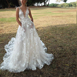 See through Wedding Dress Sexy Deep V Strap Wedding Dress Evening Gown