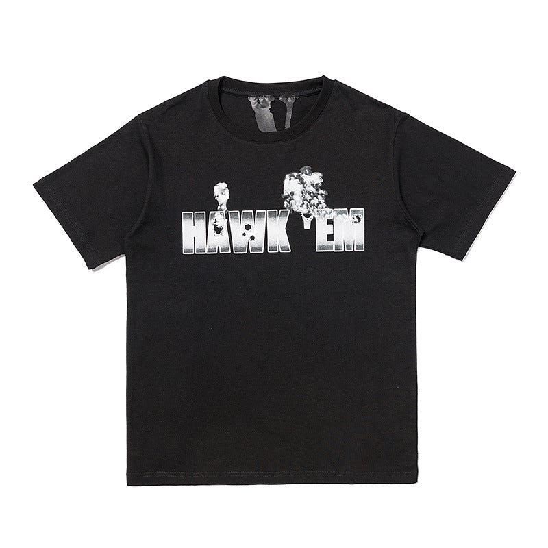 Pop Smoke Vlone Hawk Em T Shirt War Fire Bullet Hole Loose