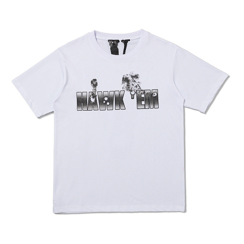 Pop Smoke Vlone Hawk Em T Shirt War Fire Bullet Hole Loose